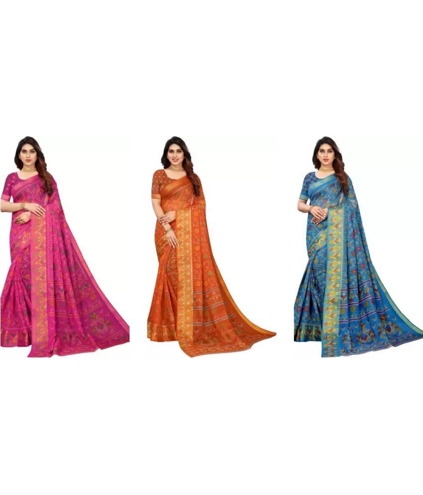     			RUNAYA NX Cotton Silk Printed Saree With Blouse Piece ( Multicolor , Pack of 3 )