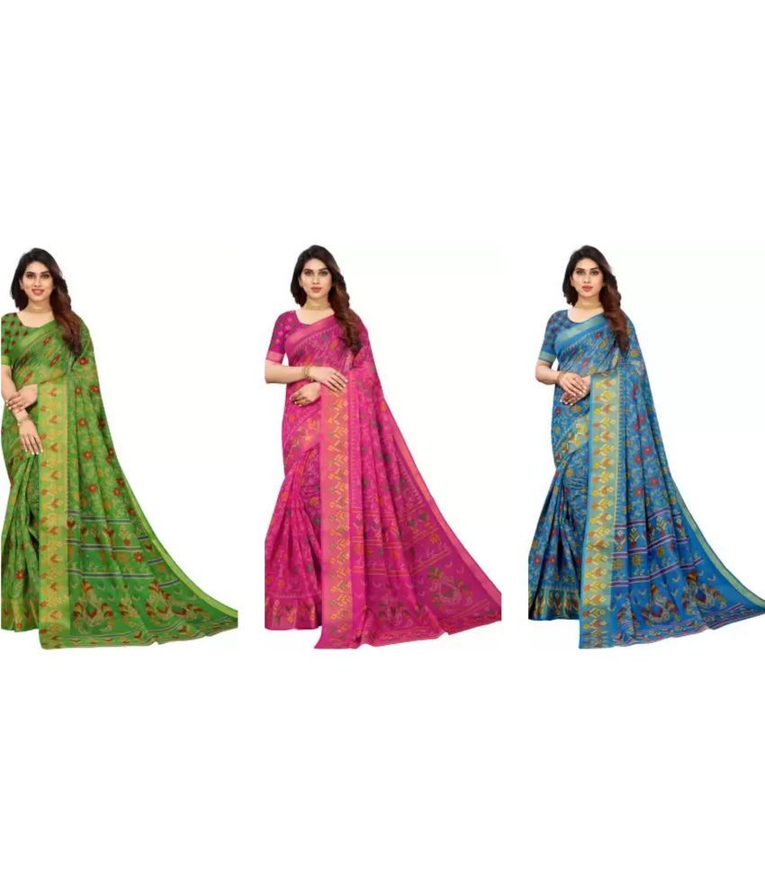     			RUNAYA NX Cotton Silk Printed Saree With Blouse Piece ( Multicolor , Pack of 3 )