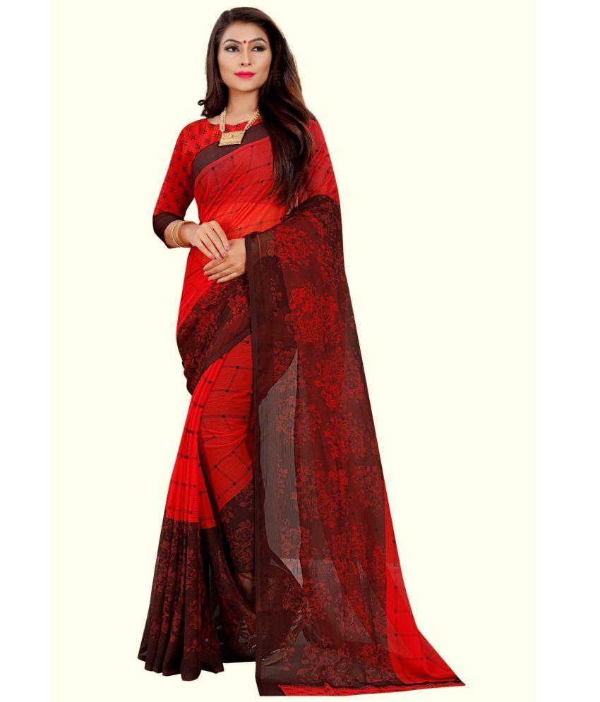     			RUNAYA NX Georgette Printed Saree With Blouse Piece ( Red , Pack of 1 )