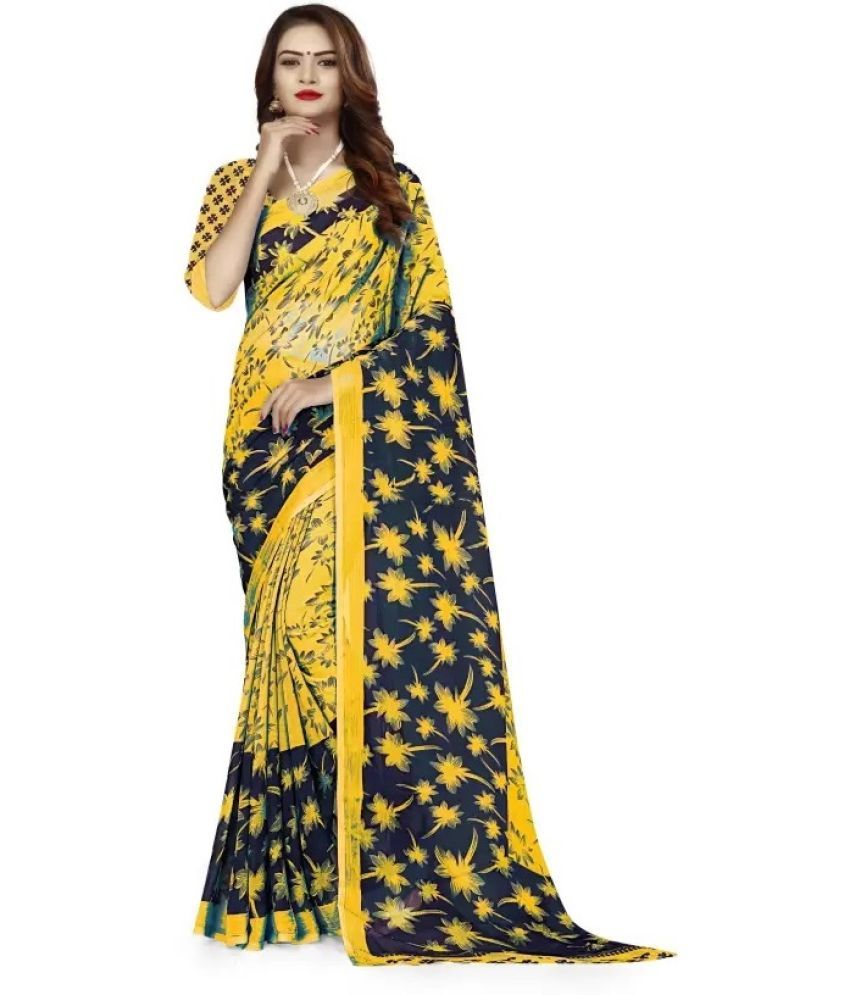     			RUNAYA NX Georgette Printed Saree With Blouse Piece ( Yellow , Pack of 1 )