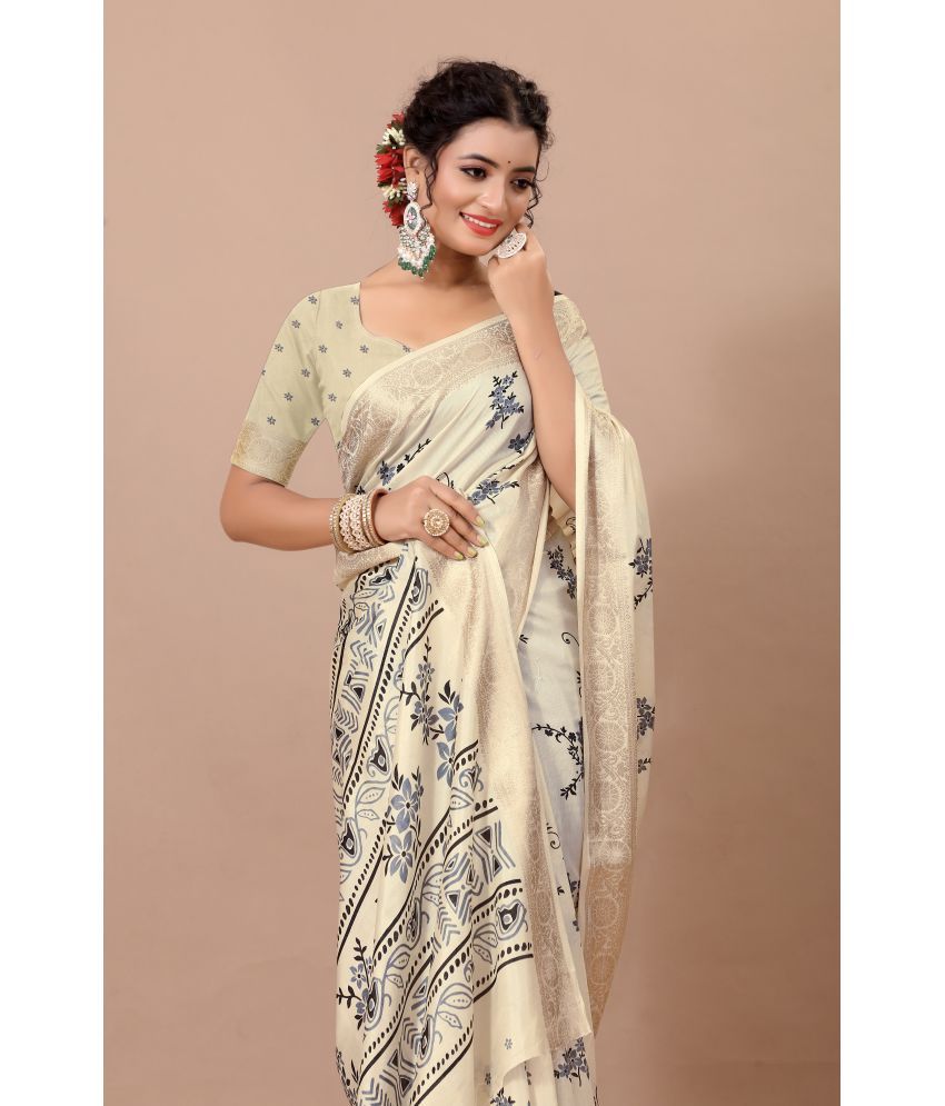     			RUNAYA NX Linen Printed Saree With Blouse Piece ( Beige , Pack of 1 )