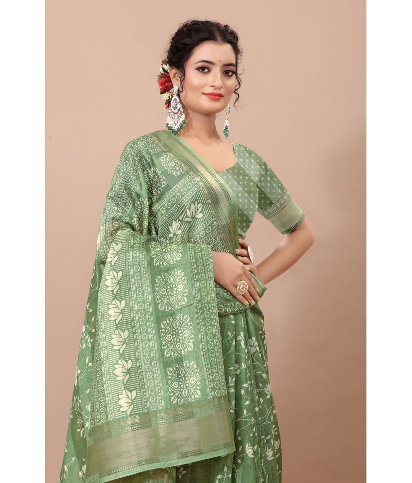     			RUNAYA NX Linen Printed Saree With Blouse Piece ( Green , Pack of 1 )