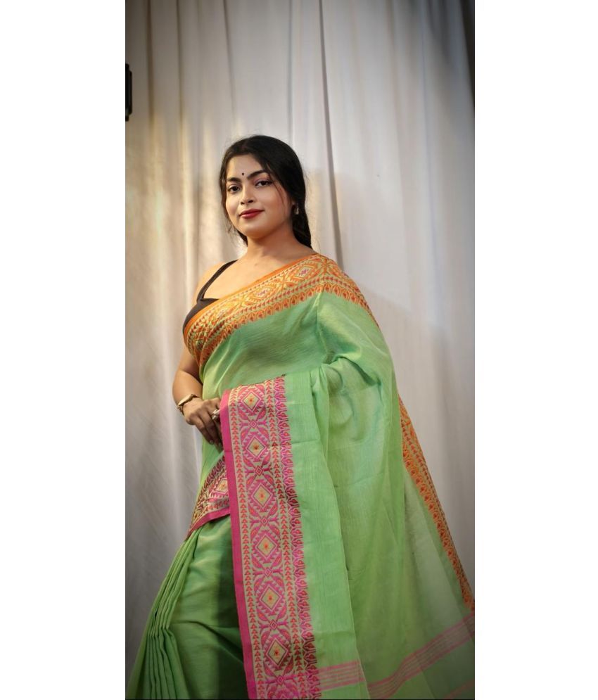     			SARADA HANDLOOM Cotton Embroidered Saree With Blouse Piece ( Fluorescent Green , Pack of 1 )