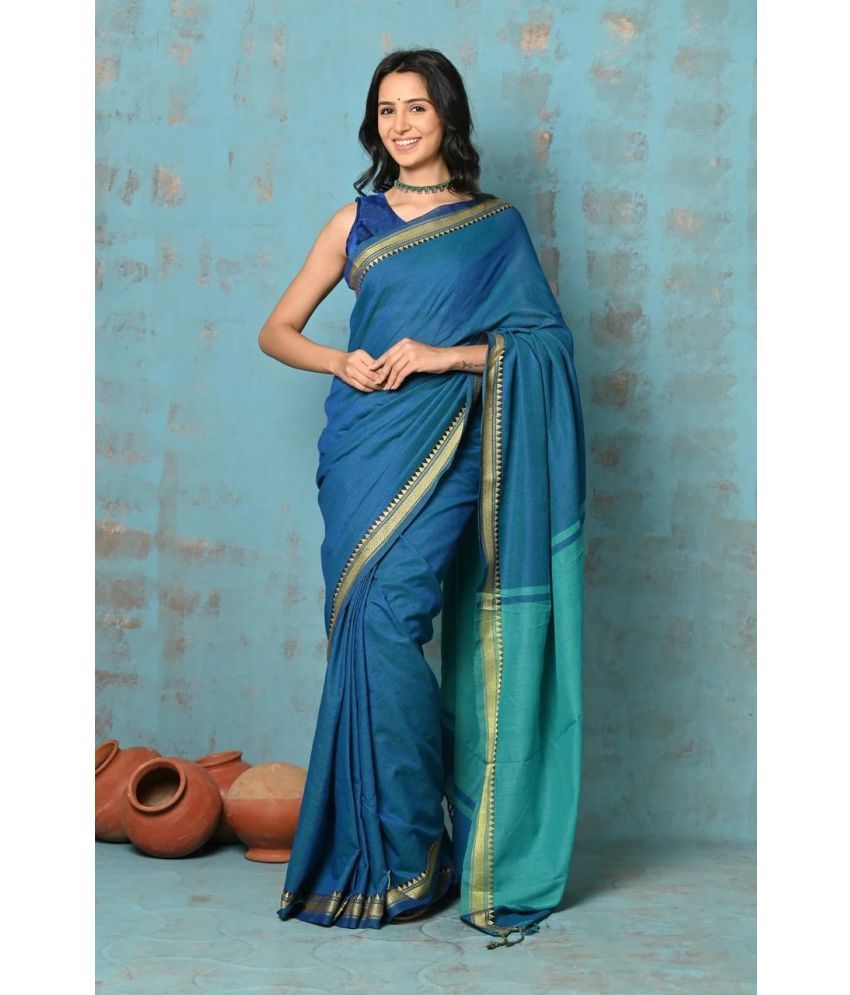     			SARADA HANDLOOM Cotton Solid Saree With Blouse Piece ( Blue , Pack of 1 )