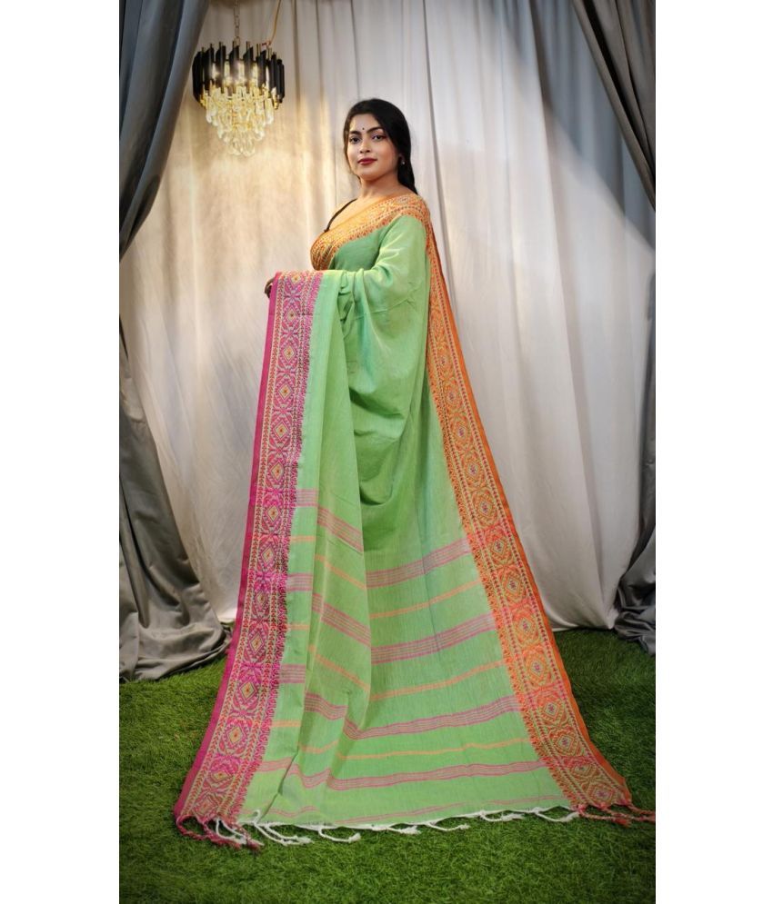     			SARADA HANDLOOM Cotton Striped Saree With Blouse Piece ( Green , Pack of 1 )