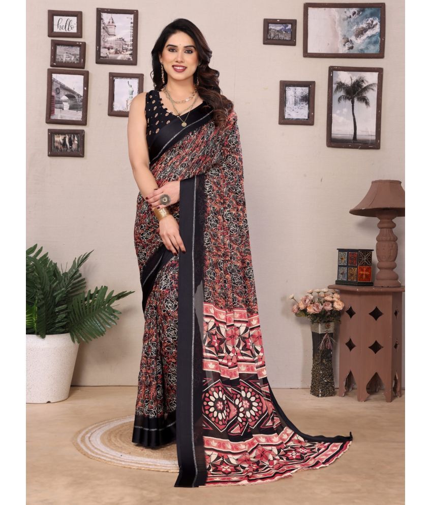     			BLEESBURY Chiffon Printed Saree With Blouse Piece ( Black , Pack of 1 )