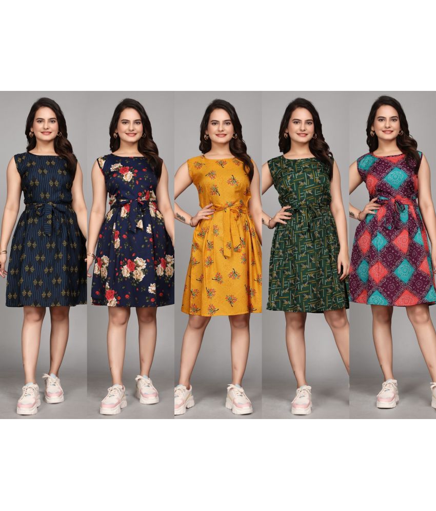     			KALAVRITTA Crepe Printed Knee Length Women's A-line Dress - Multicolor ( Pack of 5 )