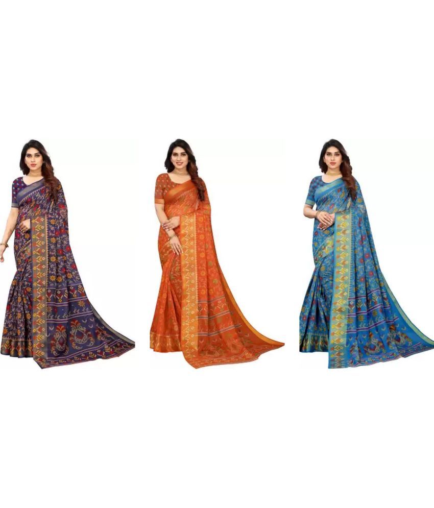     			RUNAYA NX Cotton Blend Printed Saree With Blouse Piece ( Multicolor , Pack of 3 )