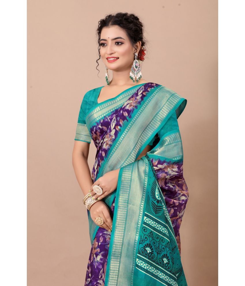     			RUNAYA NX Linen Printed Saree With Blouse Piece ( Purple , Pack of 1 )