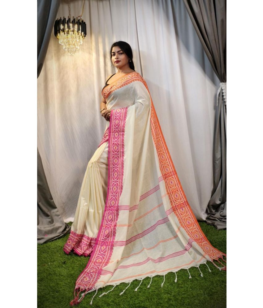     			SARADA HANDLOOM Cotton Self Design Saree With Blouse Piece ( White , Pack of 1 )