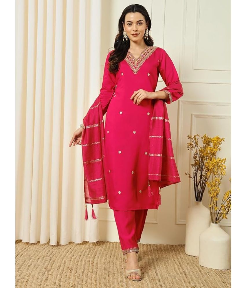     			Vividvibe Chanderi Embroidered Kurti With Pants Women's Stitched Salwar Suit - Pink ( Pack of 1 )