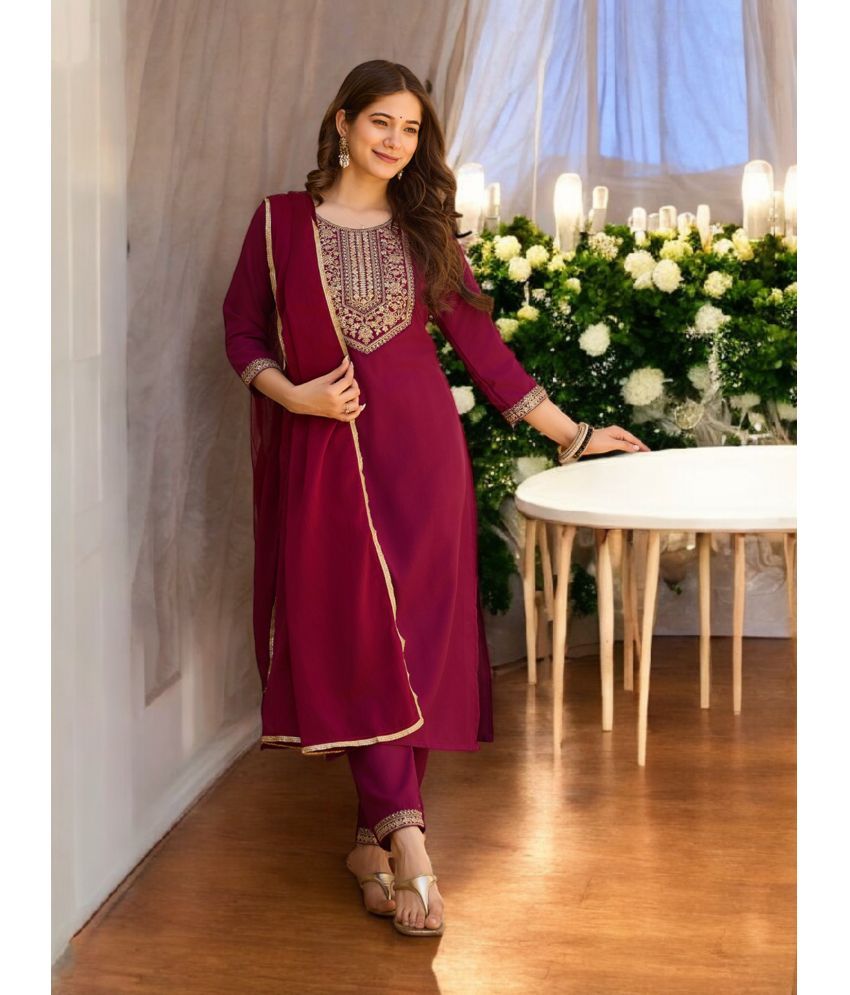     			Vividvibe Rayon Embroidered Kurti With Pants Women's Stitched Salwar Suit - Maroon ( Pack of 1 )