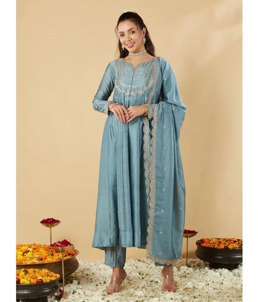     			Vividvibe Silk Blend Embroidered Kurti With Pants Women's Stitched Salwar Suit - Blue ( Pack of 1 )