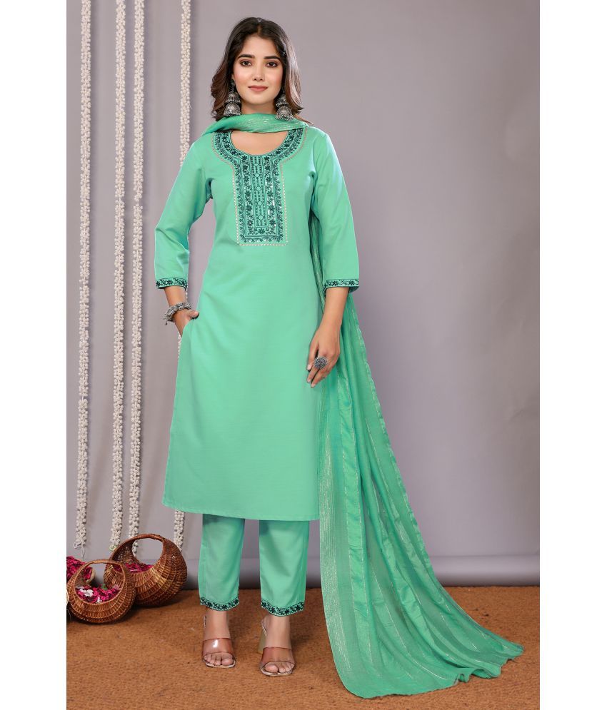     			Royal Export Cotton Blend Embroidered Kurti With Pants Women's Stitched Salwar Suit - Green ( Pack of 1 )