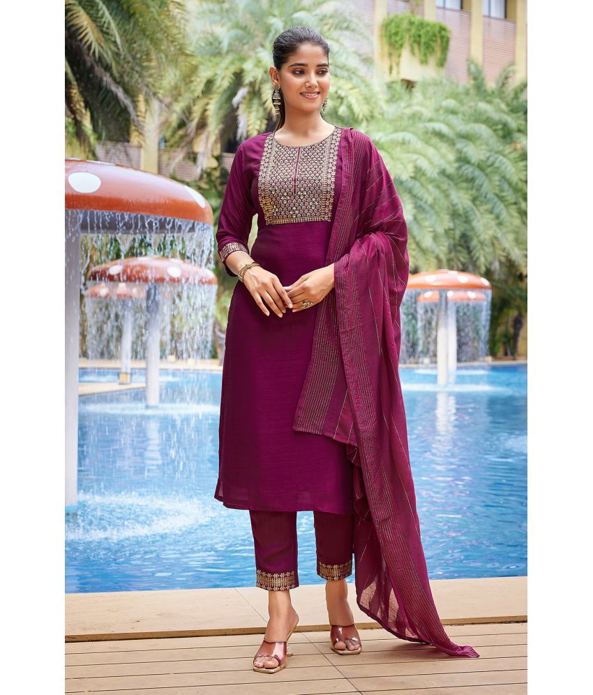     			Royal Export Silk Blend Embroidered Kurti With Pants Women's Stitched Salwar Suit - Purple ( Pack of 1 )