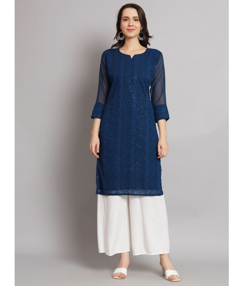     			Felopie Pack of 1 Georgette Embroidered A-line Women's Kurti - ( Dark Blue )