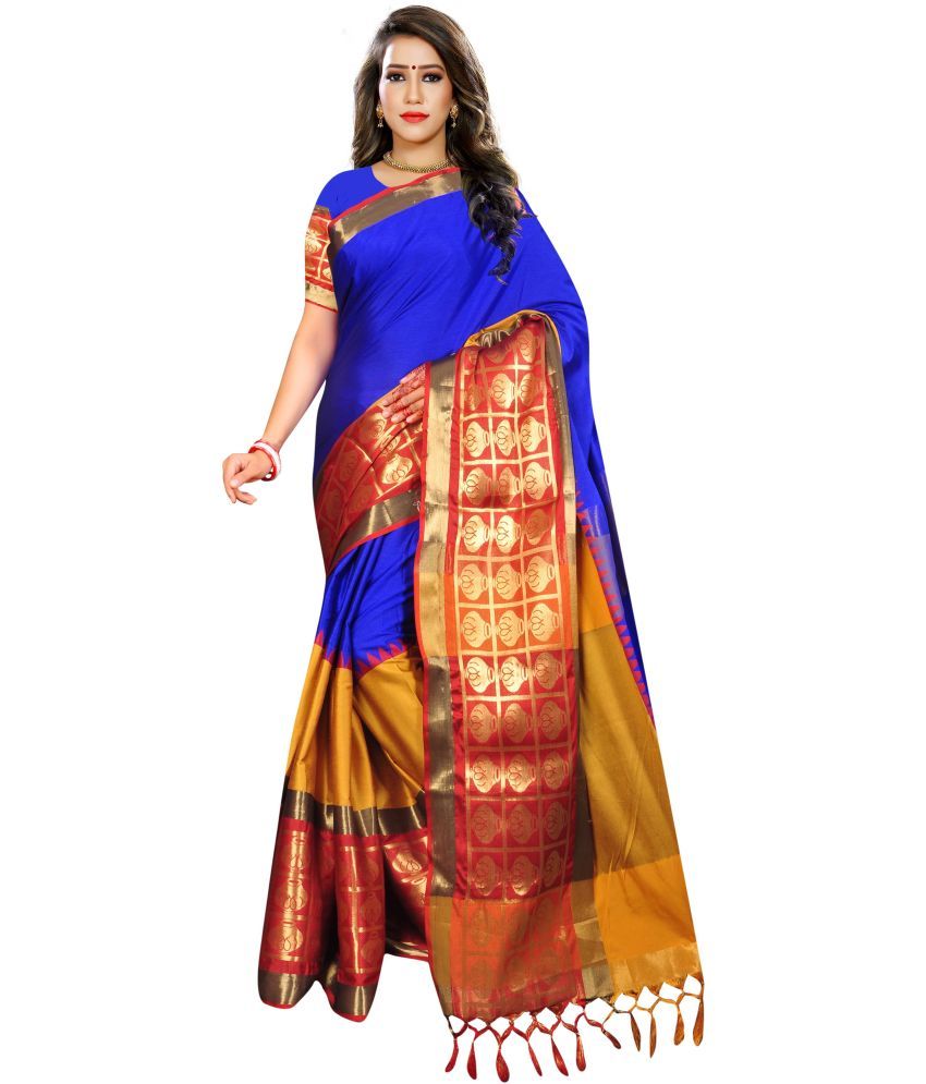     			Indian Fashionista Cotton Blend Colorblock Saree With Blouse Piece ( Blue , Pack of 1 )