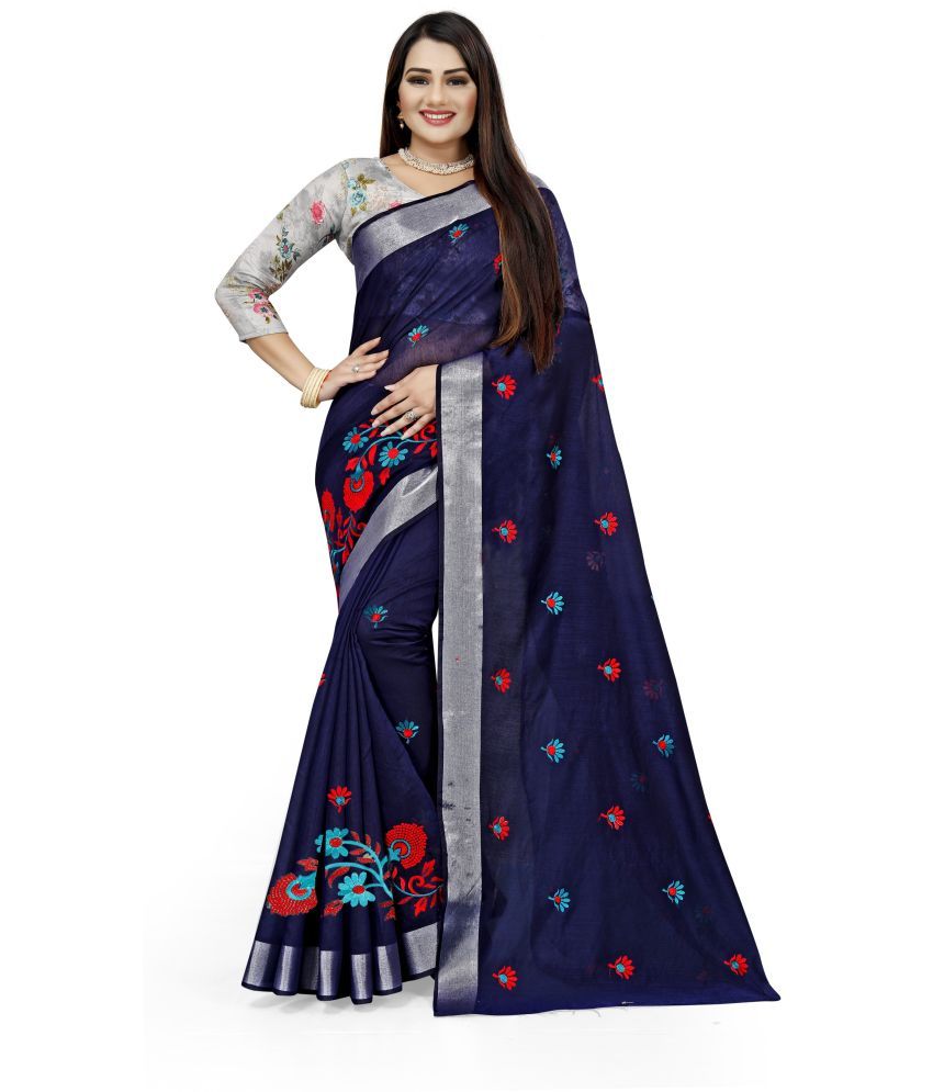     			Indian Fashionista Cotton Blend Embroidered Saree With Blouse Piece ( Blue , Pack of 1 )