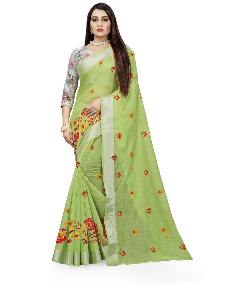     			Indian Fashionista Cotton Blend Embroidered Saree With Blouse Piece ( Light Green , Pack of 1 )