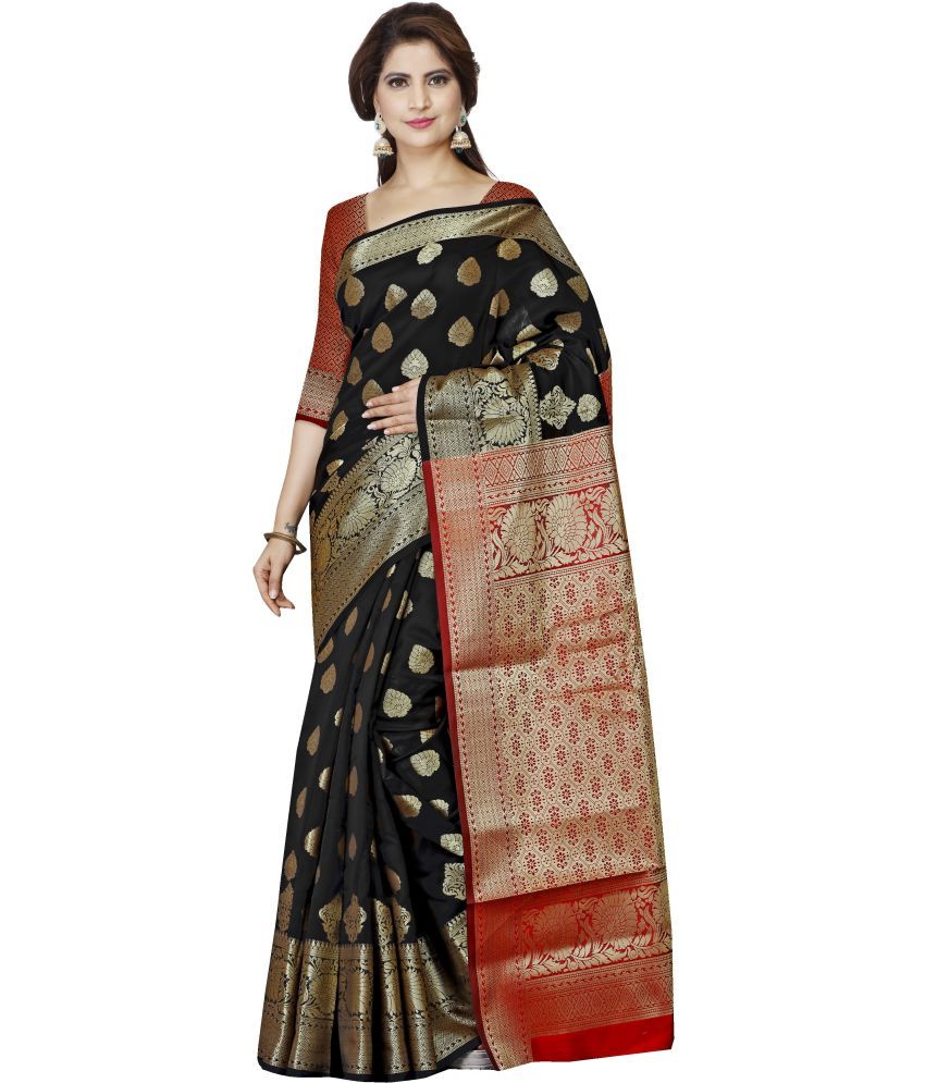     			Indian Fashionista Cotton Blend Printed Saree With Blouse Piece ( Black , Pack of 1 )