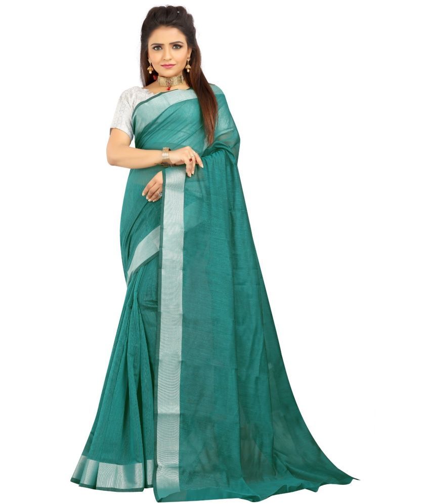     			Indian Fashionista Cotton Blend Solid Saree With Blouse Piece ( Green , Pack of 1 )