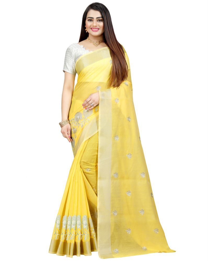     			Indian Fashionista Cotton Silk Embroidered Saree With Blouse Piece ( Yellow , Pack of 1 )