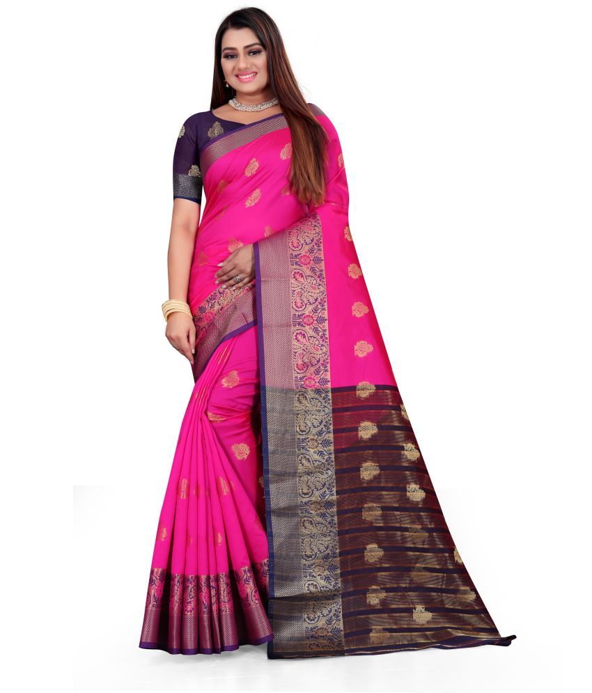     			Indian Fashionista Cotton Silk Printed Saree With Blouse Piece ( Pink , Pack of 1 )