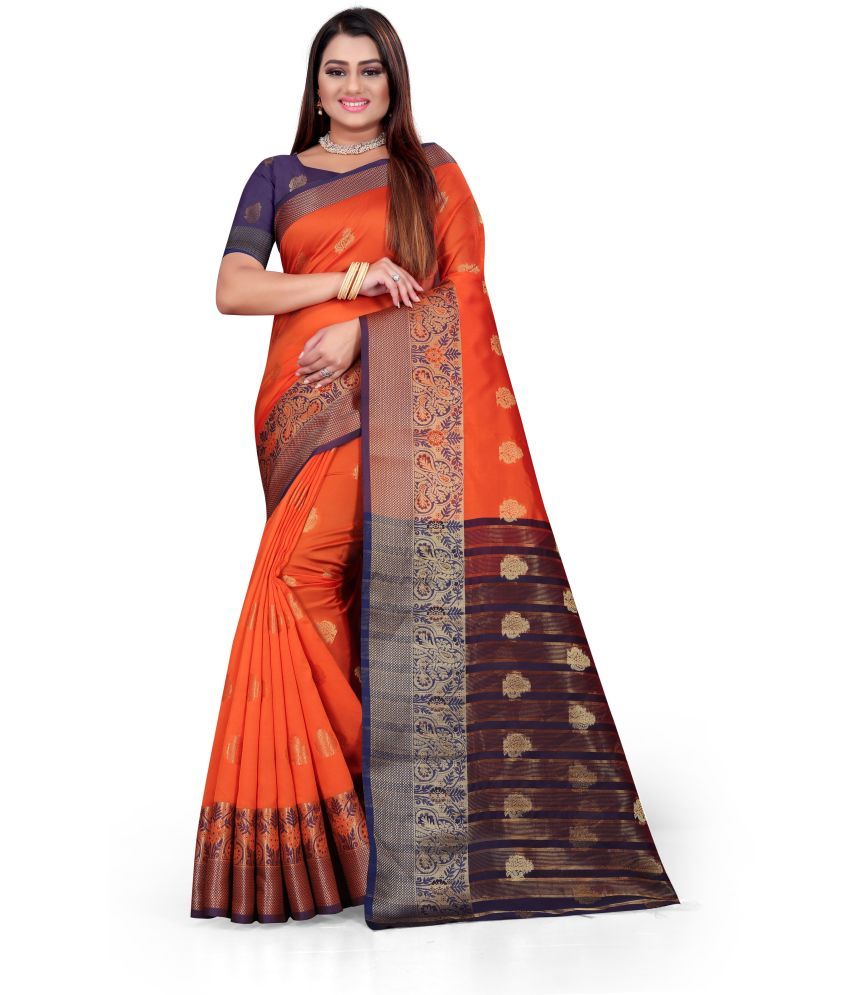     			Indian Fashionista Cotton Silk Printed Saree With Blouse Piece ( Orange , Pack of 1 )