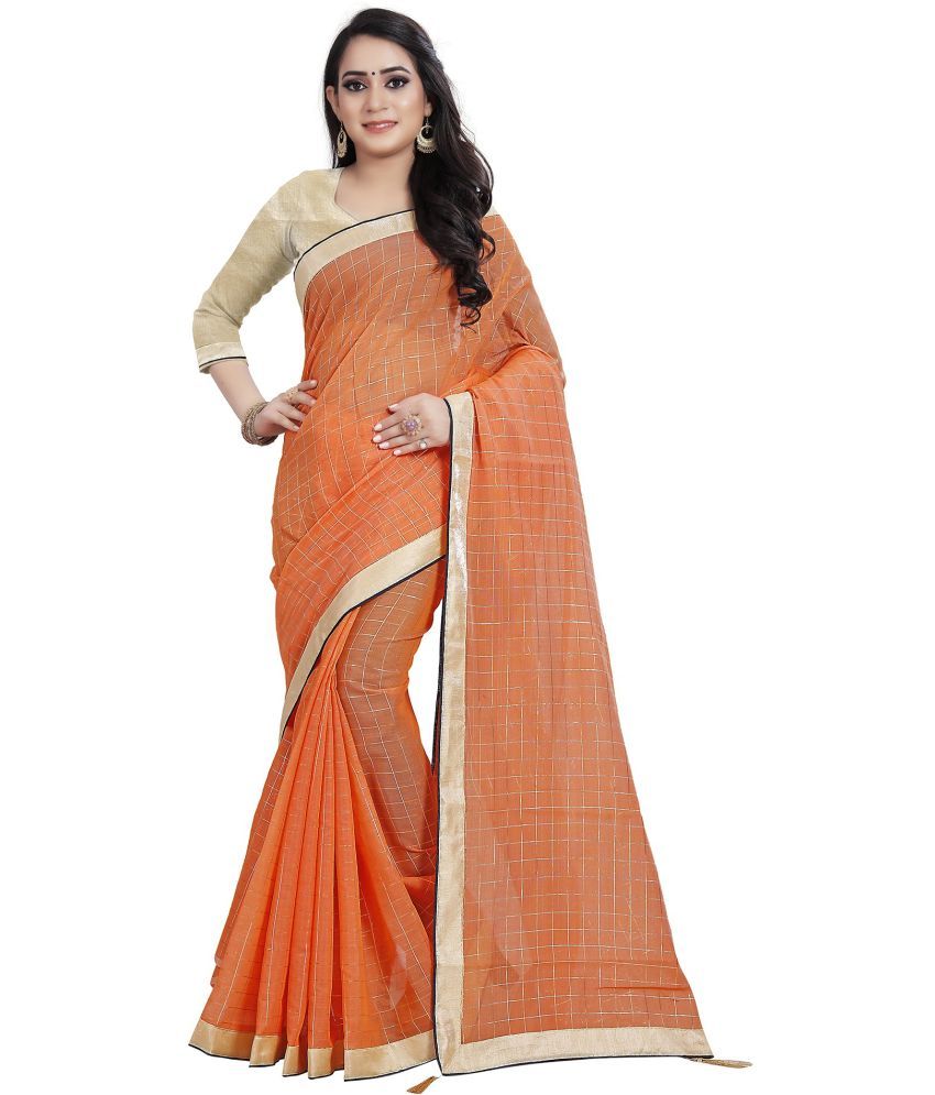     			Indian Fashionista Cotton Silk Printed Saree With Blouse Piece ( Orange , Pack of 1 )