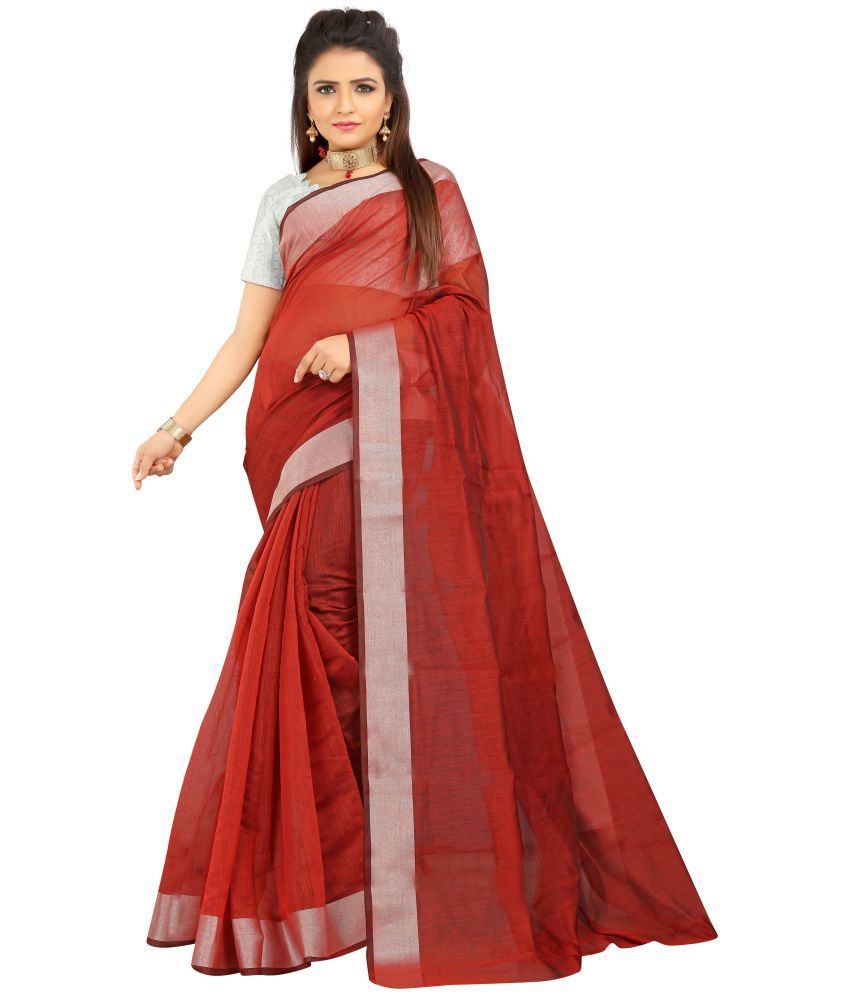     			Indian Fashionista Cotton Silk Solid Saree With Blouse Piece ( Red , Pack of 1 )