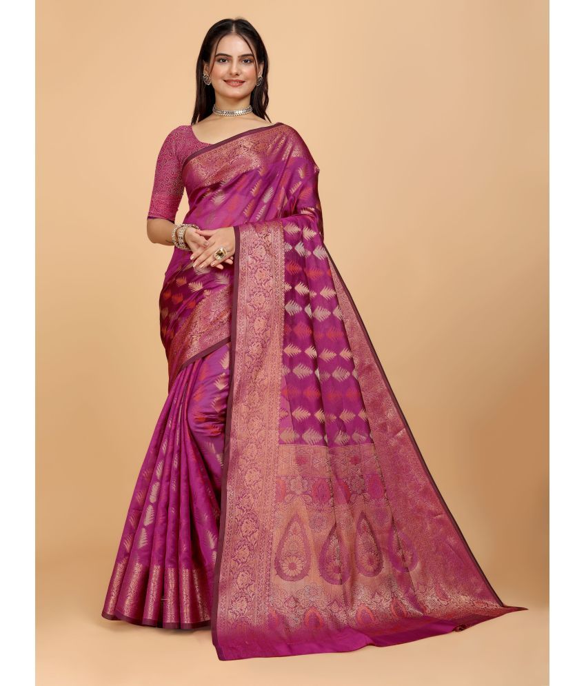     			Indian Fashionista Organza Embellished Saree With Blouse Piece ( Pink , Pack of 1 )