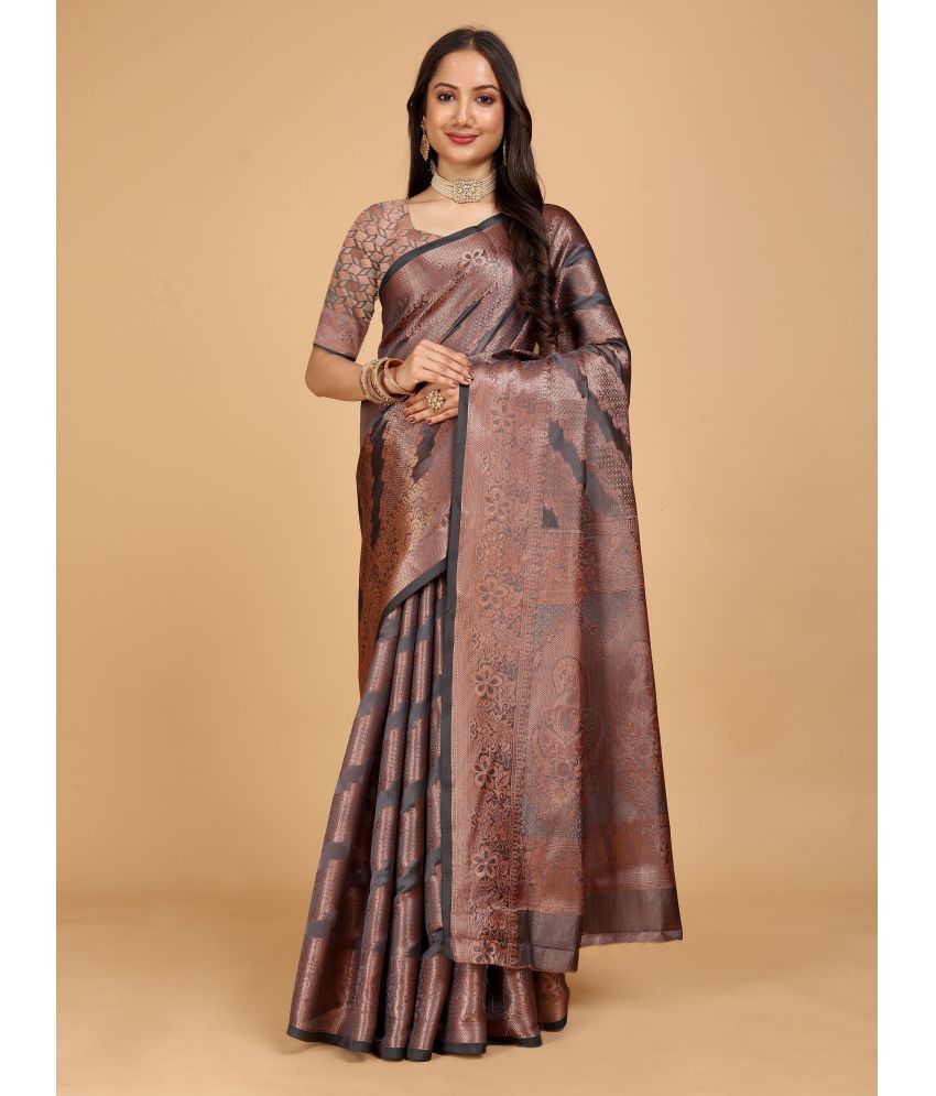     			Indian Fashionista Organza Embellished Saree With Blouse Piece ( Grey , Pack of 1 )