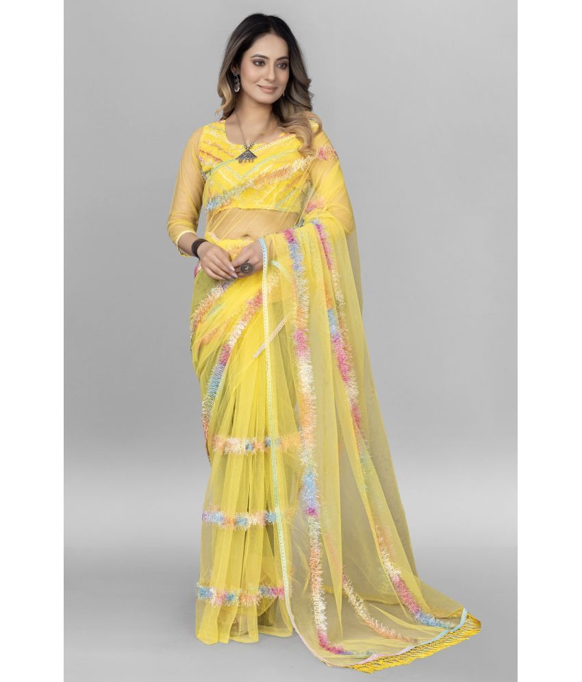     			A TO Z CART Net Embroidered Saree With Blouse Piece ( Yellow , Pack of 1 )