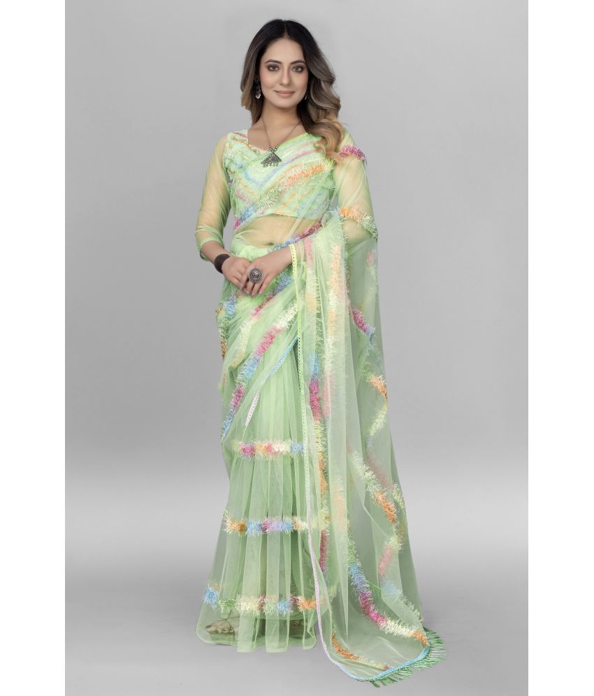     			Aika Net Embroidered Saree With Blouse Piece ( Sea Green , Pack of 1 )