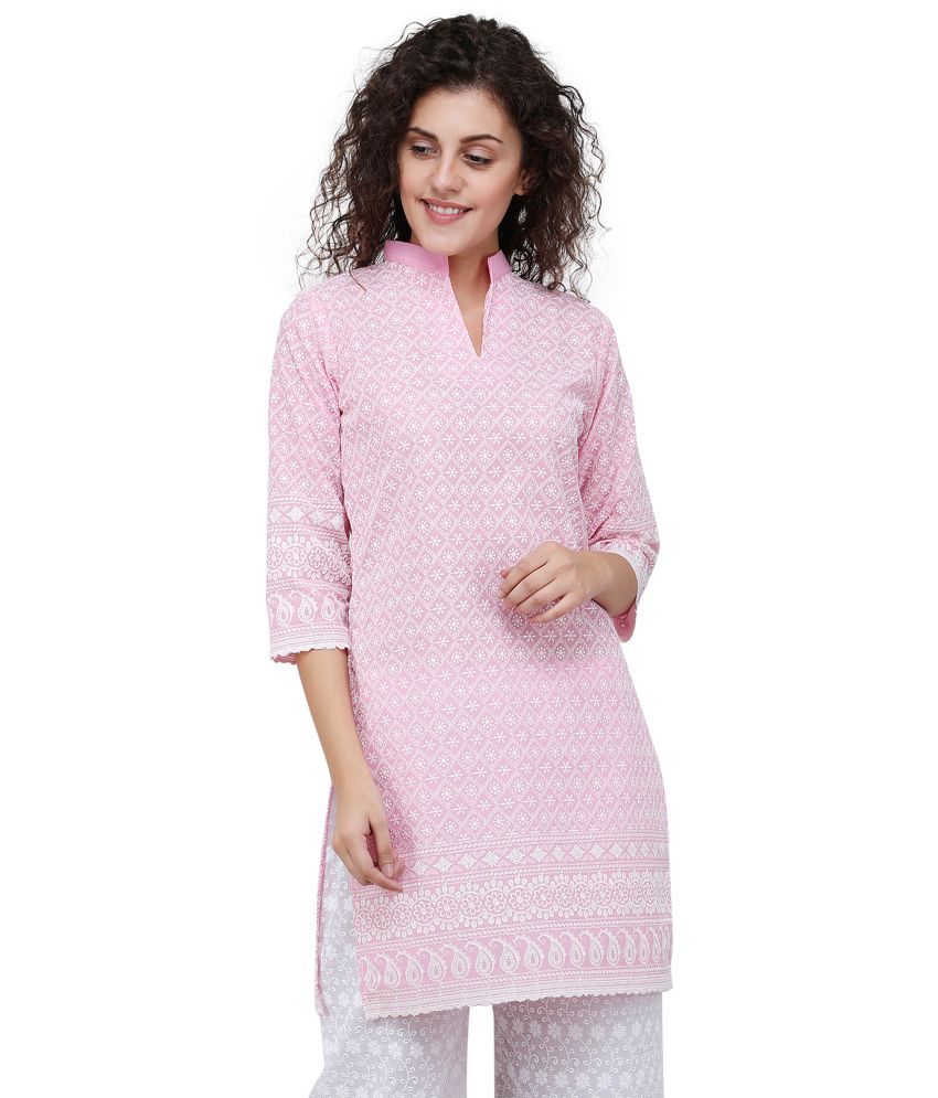     			Haniya Pack of 1 Cotton Blend Embroidered Straight Women's Kurti - ( Pink )