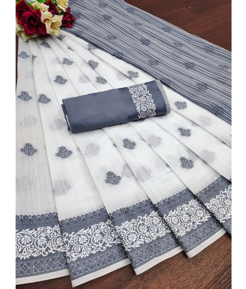     			IndShopMart Cotton Silk Printed Saree With Blouse Piece ( White , Pack of 1 )