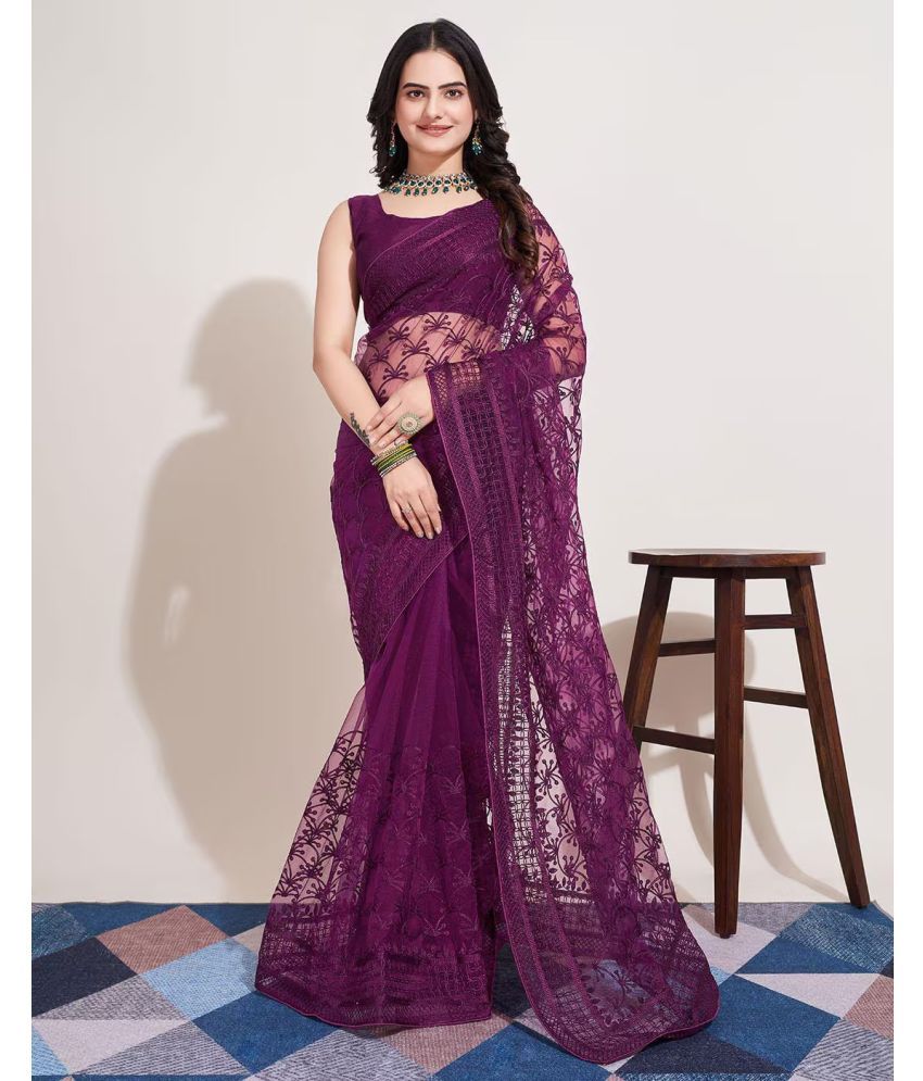     			KV Fashion Net Embroidered Saree With Blouse Piece ( Wine , Pack of 1 )