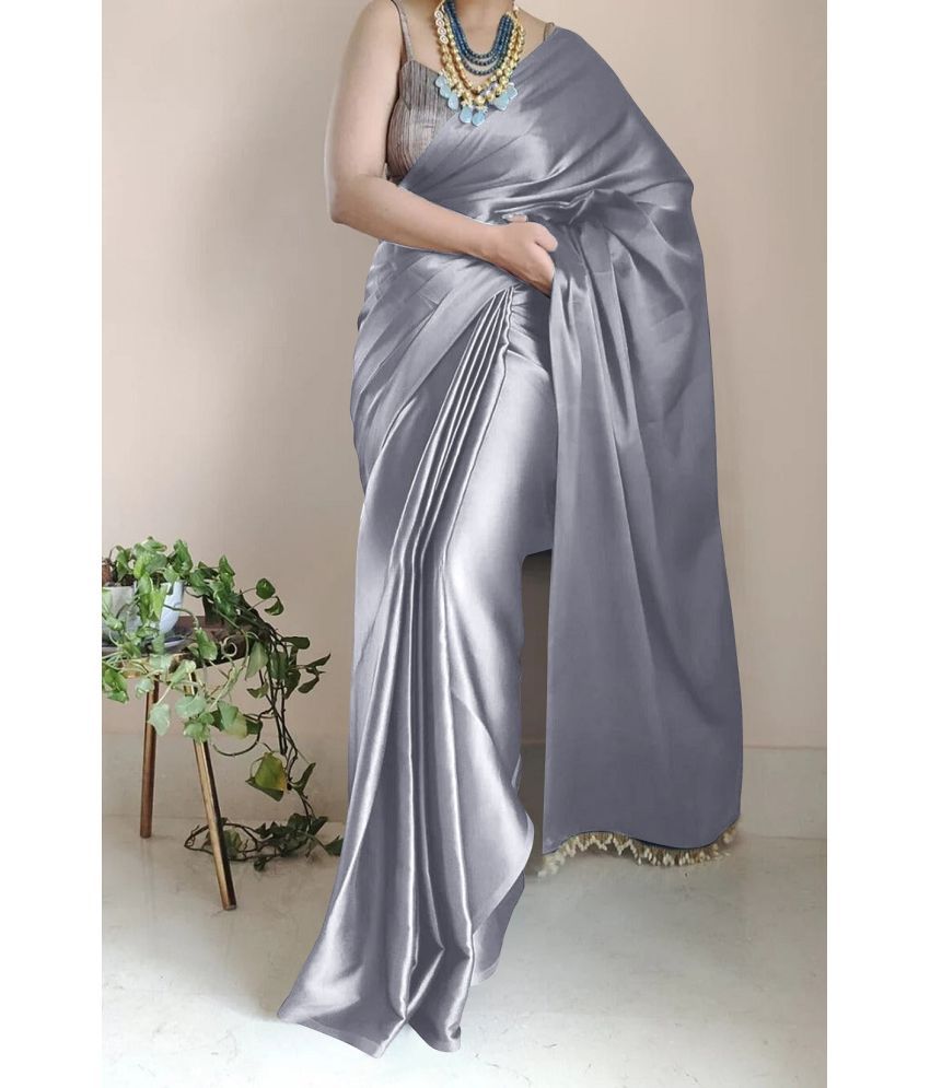     			KV Fashion Satin Solid Saree With Blouse Piece ( Grey , Pack of 1 )