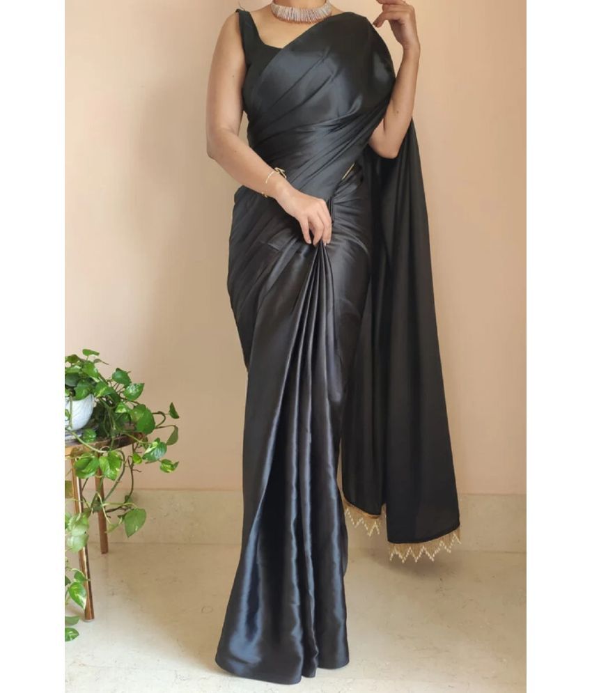     			KV Fashion Satin Solid Saree With Blouse Piece ( Black , Pack of 1 )