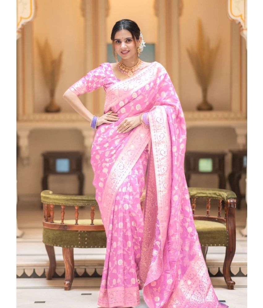     			KV Fashion Silk Blend Embellished Saree With Blouse Piece ( Pink , Pack of 1 )