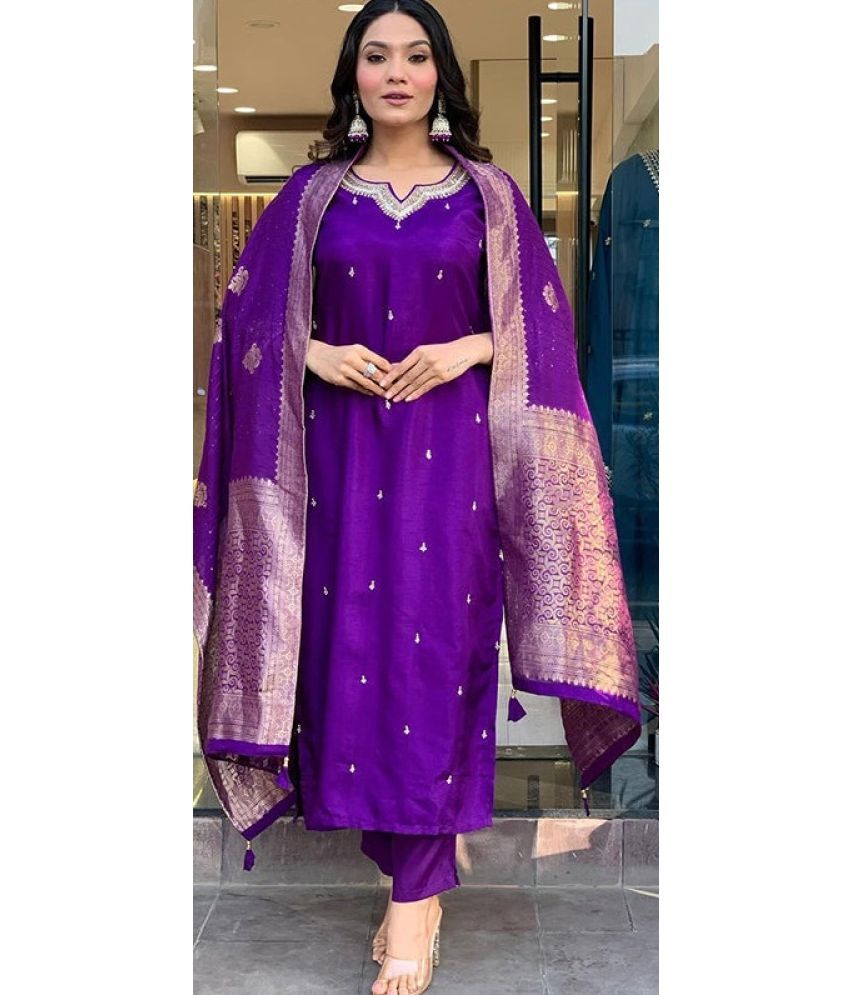     			OMICRON FAB Chanderi Embroidered Kurti With Pants Women's Stitched Salwar Suit - Purple ( Pack of 1 )