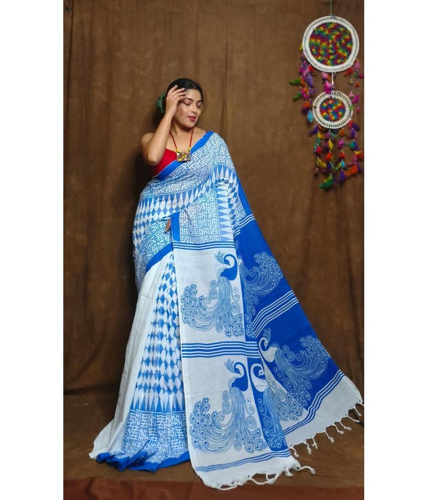     			SARADA HANDLOOM Cotton Printed Saree With Blouse Piece ( Blue , Pack of 1 )