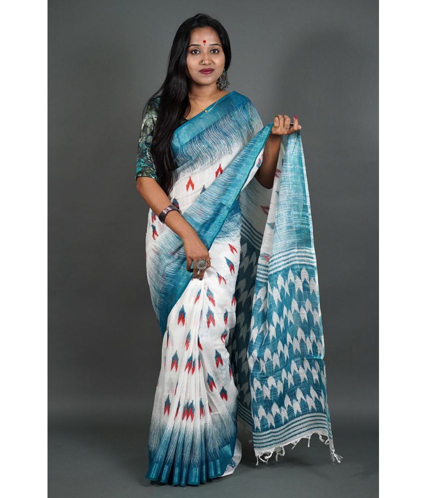     			SARADA HANDLOOM Cotton Printed Saree With Blouse Piece ( White , Pack of 1 )