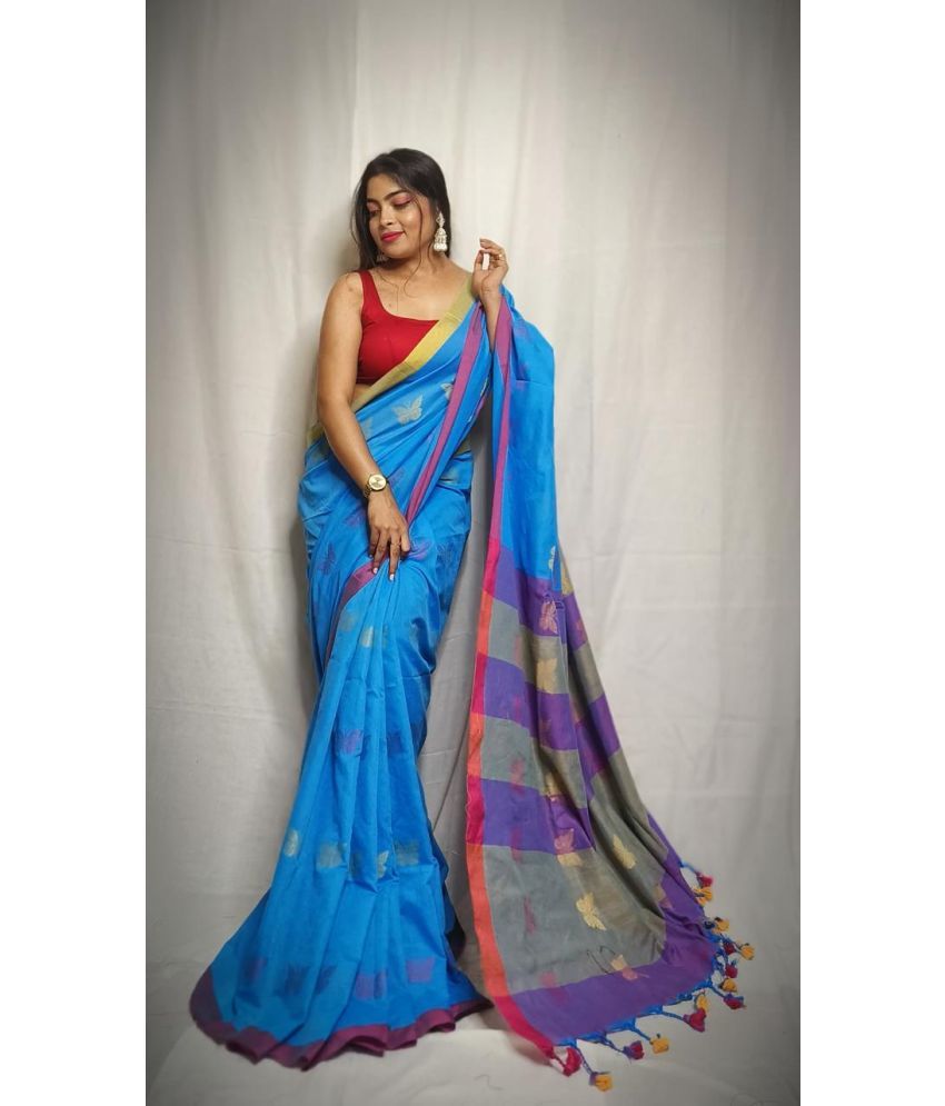     			SARADA HANDLOOM Cotton Woven Saree With Blouse Piece ( Blue , Pack of 1 )