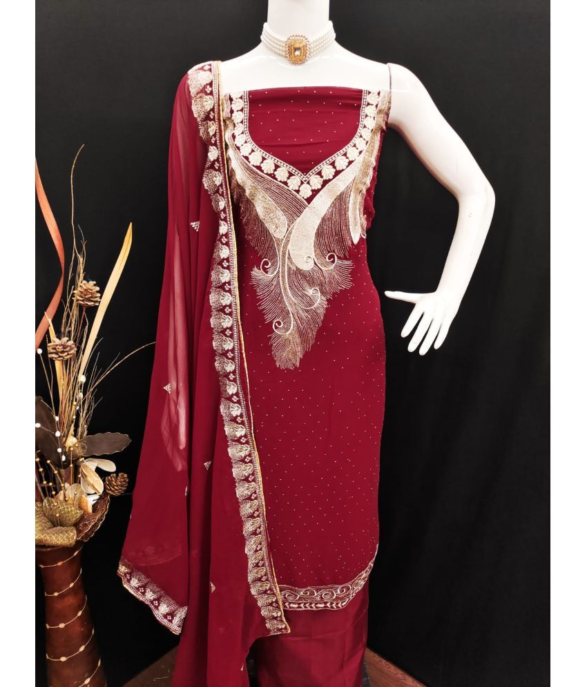     			ALSHOP Unstitched Georgette Embroidered Dress Material - Maroon ( Pack of 1 )