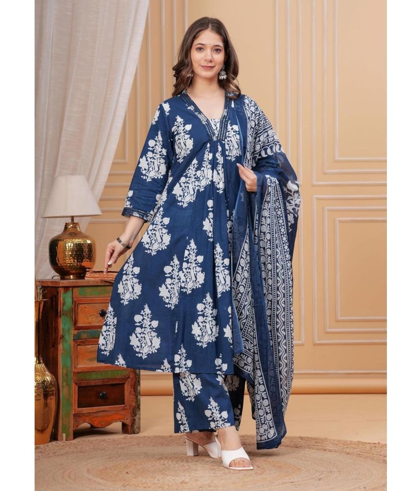     			HF WARD Cotton Printed Kurti With Pants Women's Stitched Salwar Suit - Blue ( Pack of 1 )