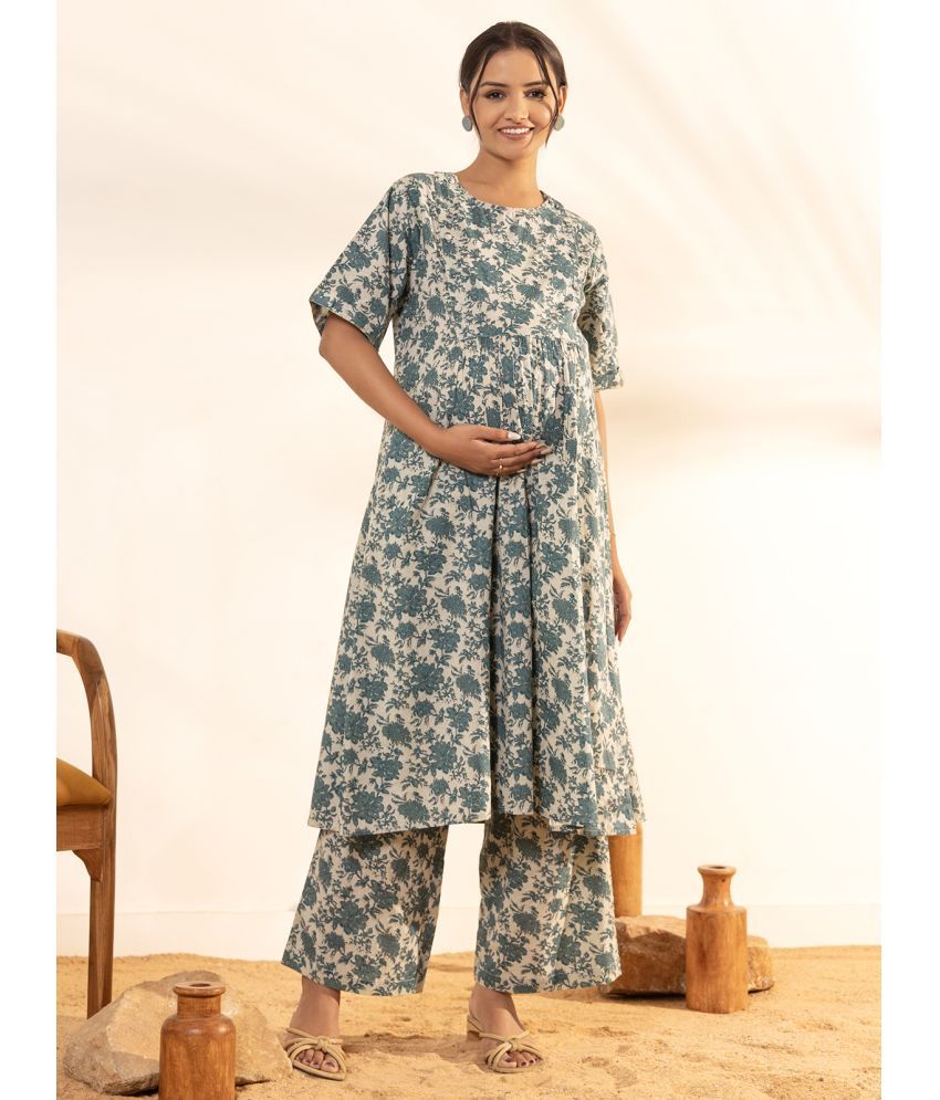     			Janasya Beige Cotton Maternity Kurta Suit Set Single