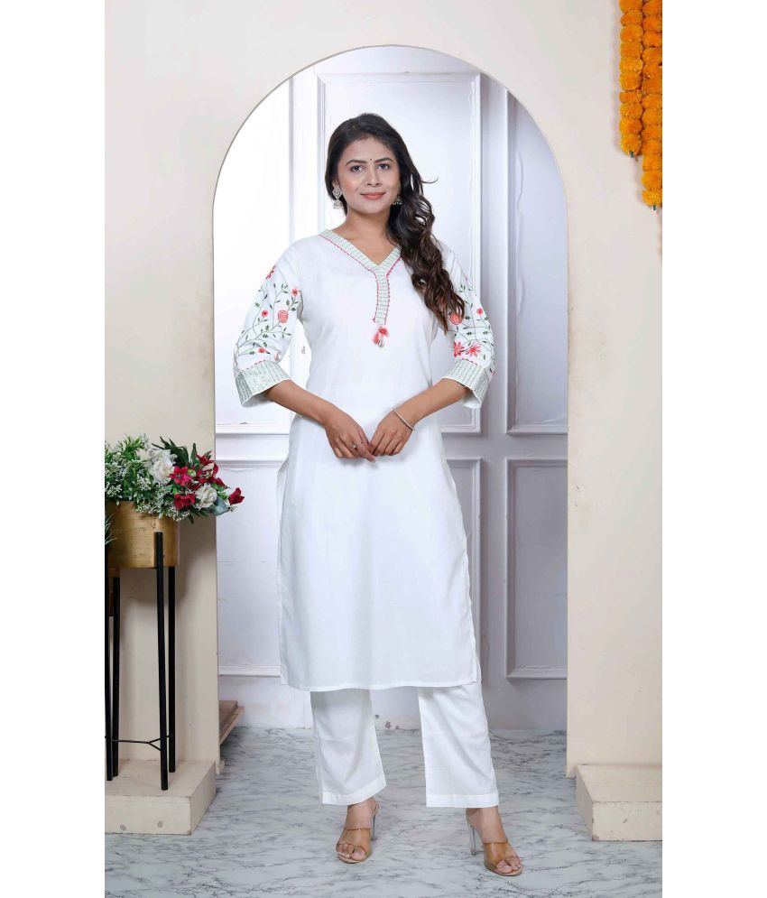     			Angiya Cotton Embellished Kurti With Palazzo Women's Stitched Salwar Suit - White ( Pack of 1 )