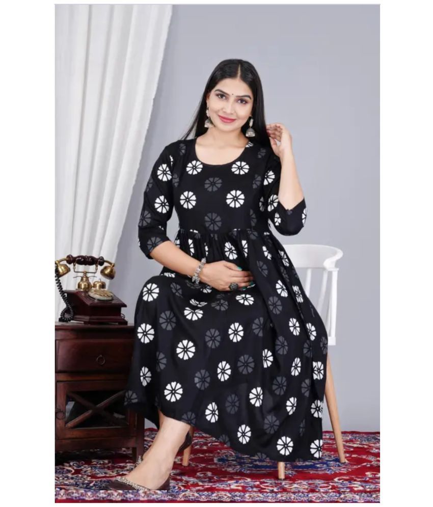     			ETZIN Pack of 1 Rayon Printed Flared Women's Kurti - ( Black )