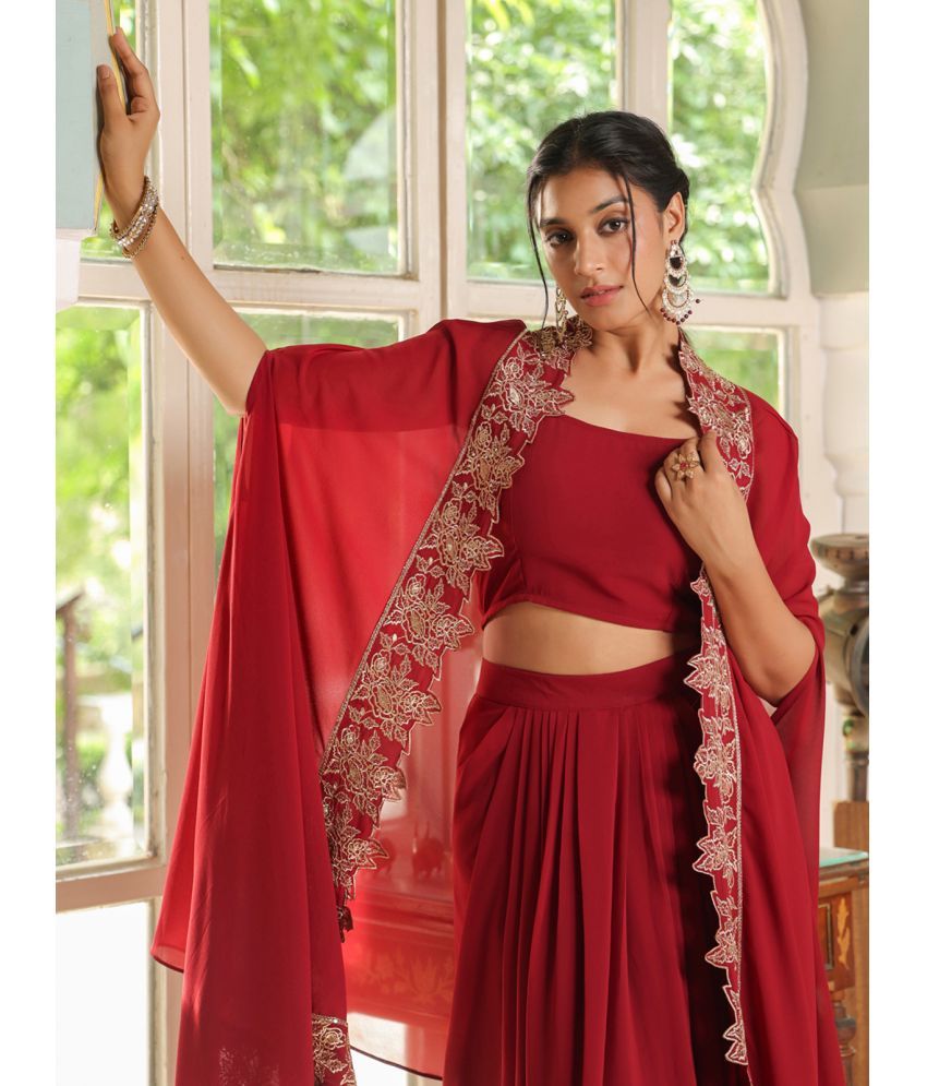     			Janasya Georgette Solid Ethnic Top With Skirt Women's Stitched Salwar Suit - Maroon ( Pack of 1 )